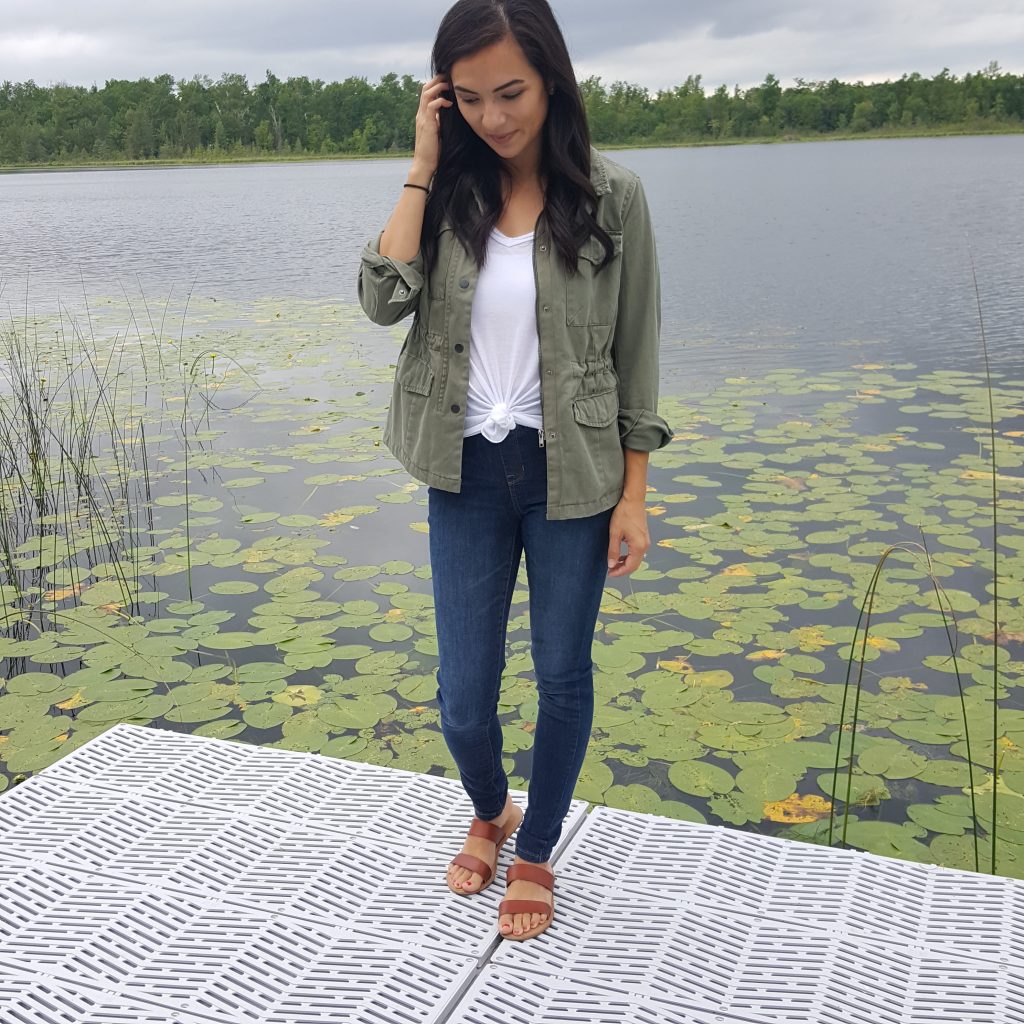 Utility jacket with tshirt jeans and sandals