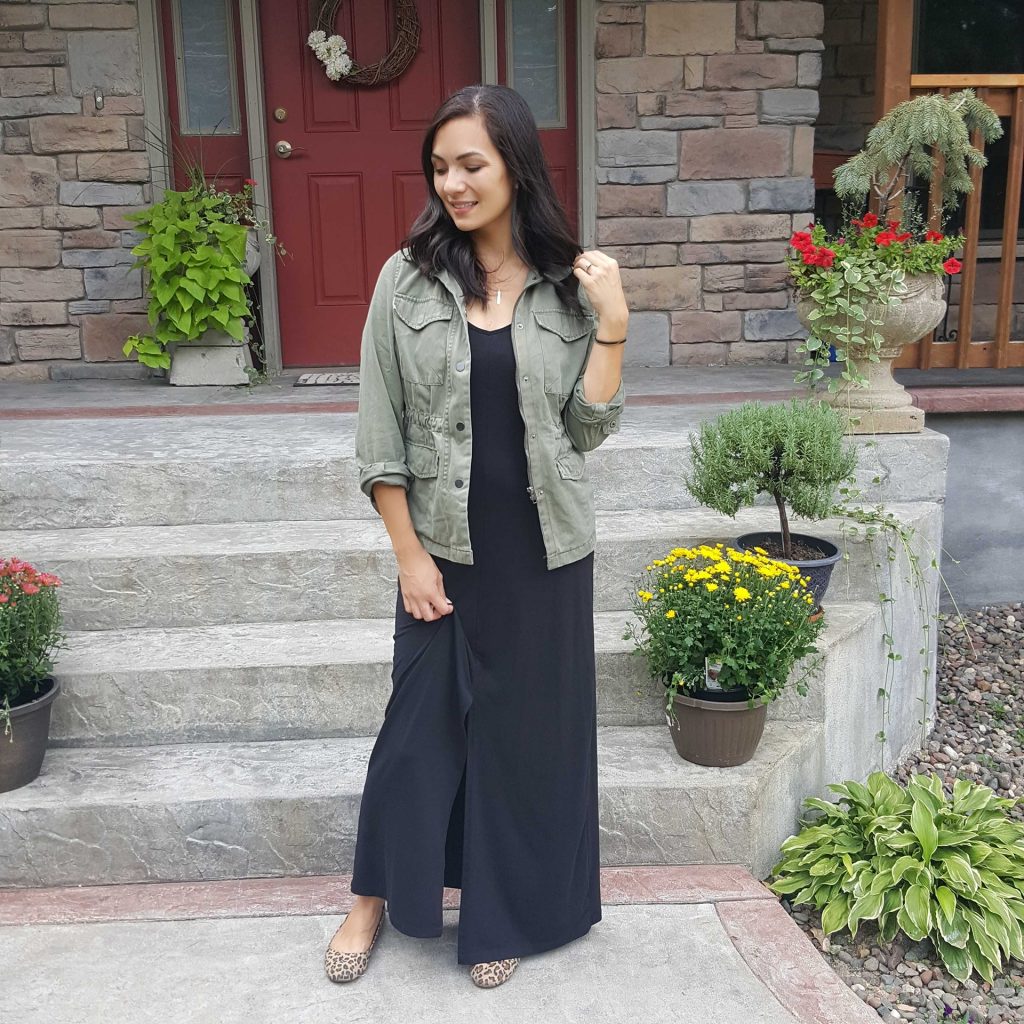 Utility jacket over a maxi dress